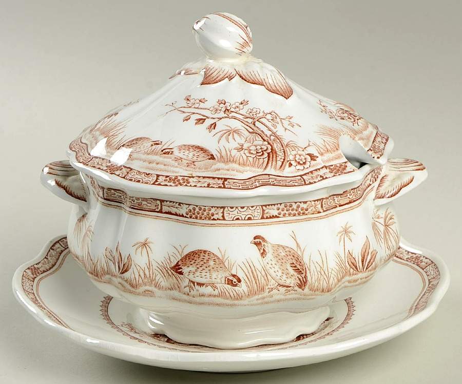 Quail Brown Gravy Boat & Lid w/Underplate by Furnivals-1