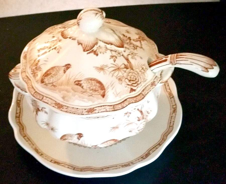Quail Brown Tureen & Lid w/Ladle & Underplate by Furnivals-1