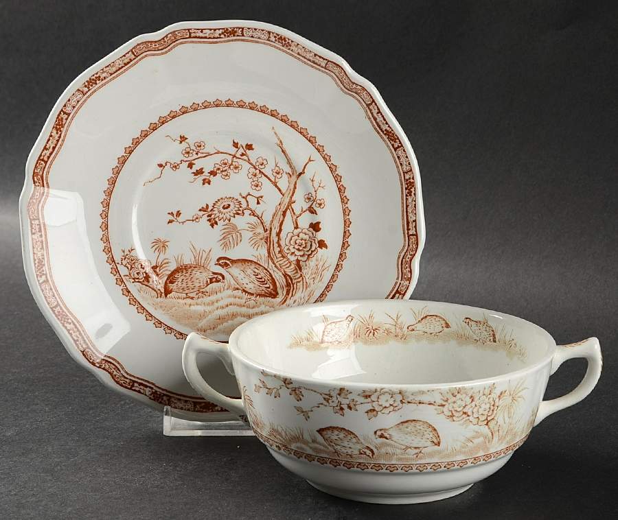 Quail Brown Flat Cream Soup Bowl & Saucer Set by Furnivals-1