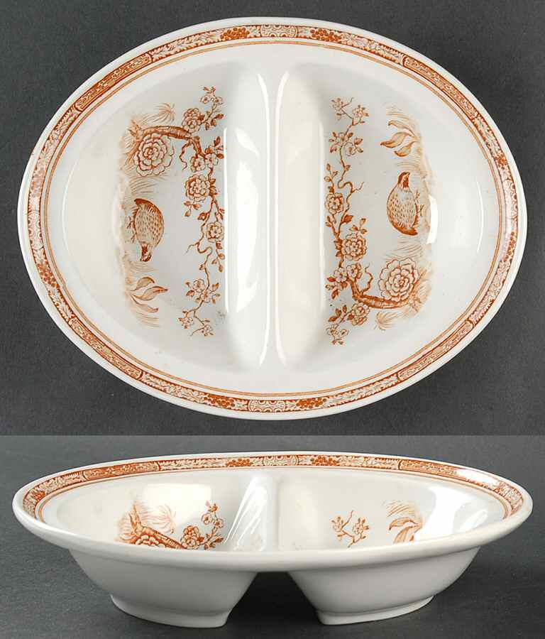 Quail Brown 8" Oval Divided Vegetable Bowl by Furnivals-1