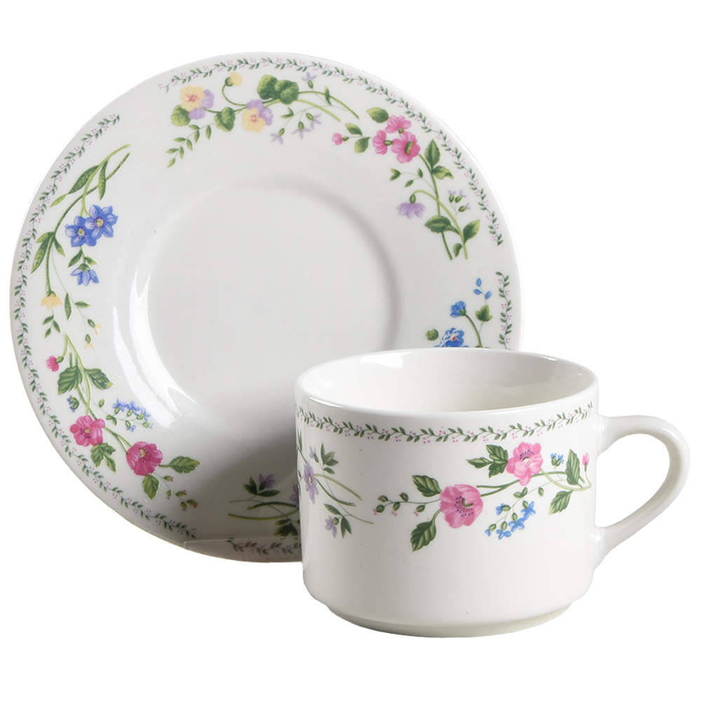 English Garden (225-225a, White Background) Flat Cup & Saucer Set by Farberware-1