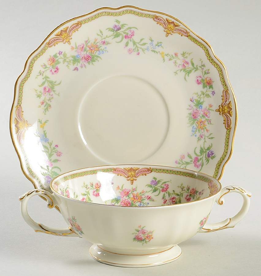 Aida (Mustard Trim) Footed Cream Soup Bowl & Saucer Set by Franconia-Krautheim & Adelburg-1