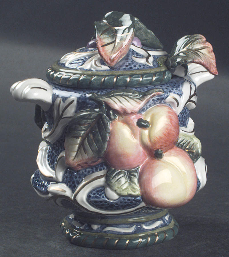 Florentine Fruit Blue Sugar Bowl & Lid W/Spoon by Fitz and Floyd-1
