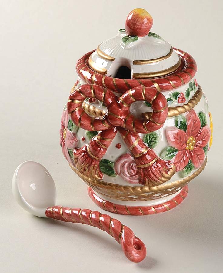 Father Christmas Sugar Bowl & Lid W/Spoon by Fitz & Floyd-1