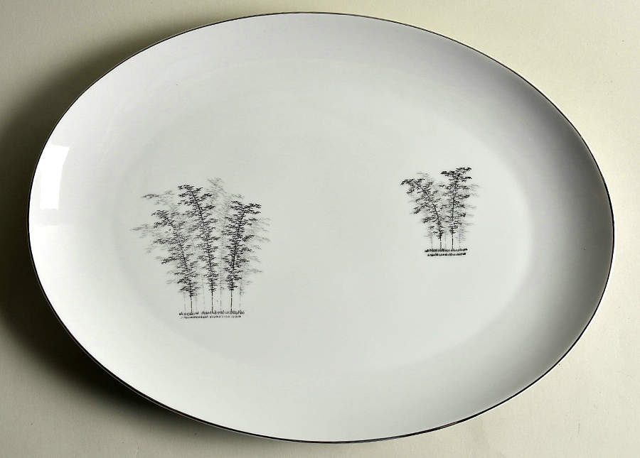 Silver Bamboo (2 Groups of Trees) 16" Oval Serving Platter by Fukagawa-1