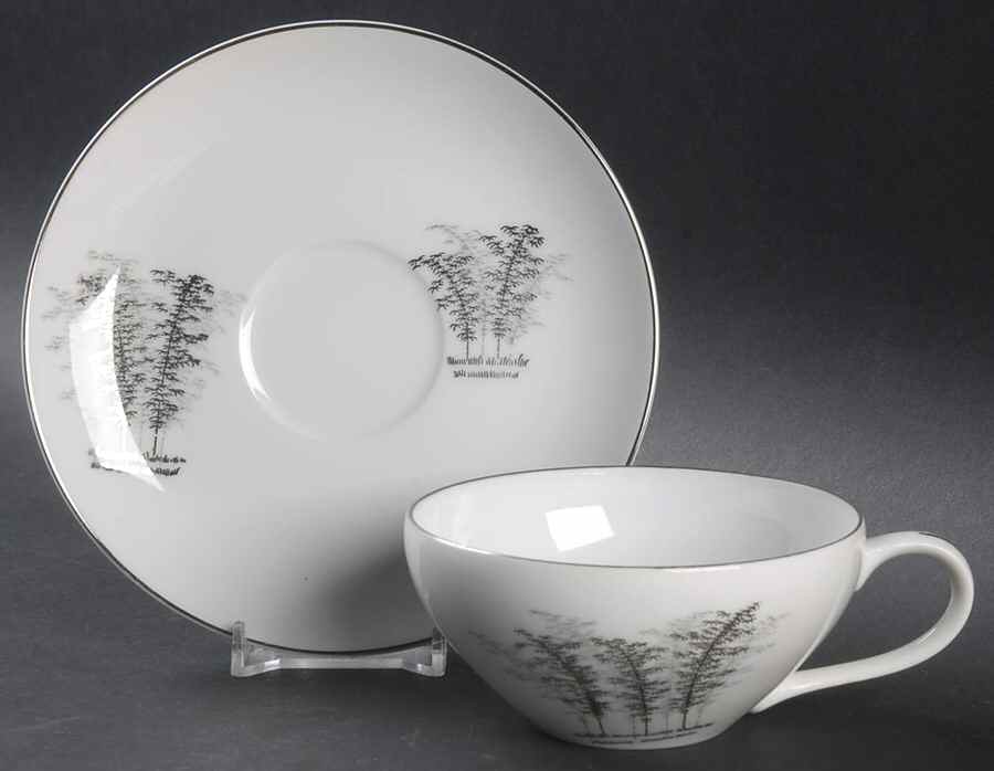 Silver Bamboo (2 Groups of Trees) Flat Cup & Saucer Set by Fukagawa-1