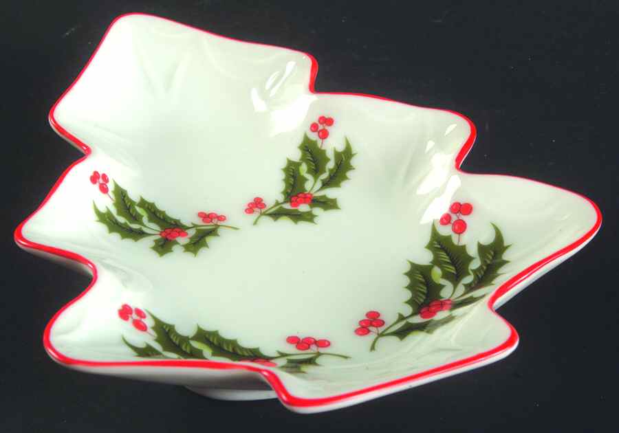 Christmas Holly (Red Trim) Small Tree Shaped Dish by Fine China of Japan-1
