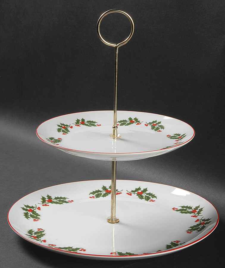 Christmas Holly (Red Trim) 2 Tiered Serving Tray (Dinner & Salad Plate) by Fine China of Japan-1