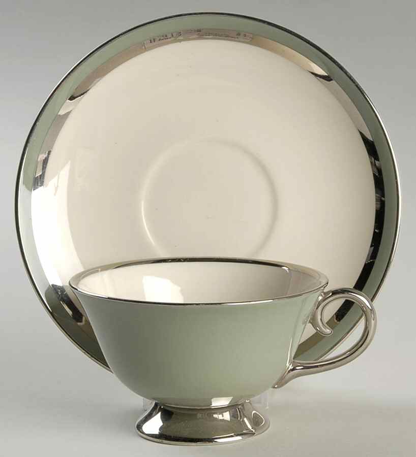 Contessa Sage Green (Platinum Trim, Coupe) Footed Cup & Saucer Set by Flintridge-1