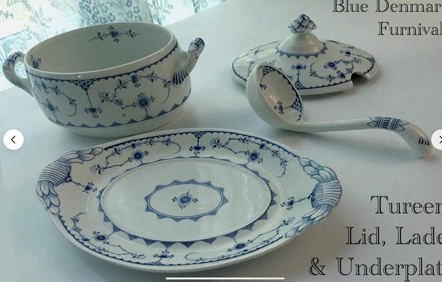 Denmark Blue Oval Tureen & Lid w/Ladle & Underplate by Furnivals-1