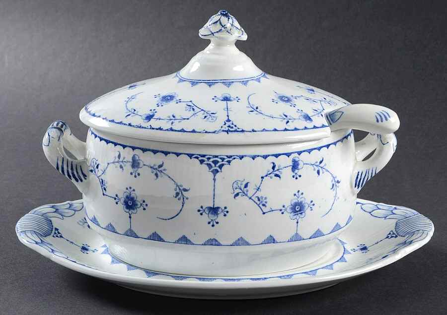Denmark Blue Oval Tureen & Lid w/Ladle & Underplate by Furnivals-1