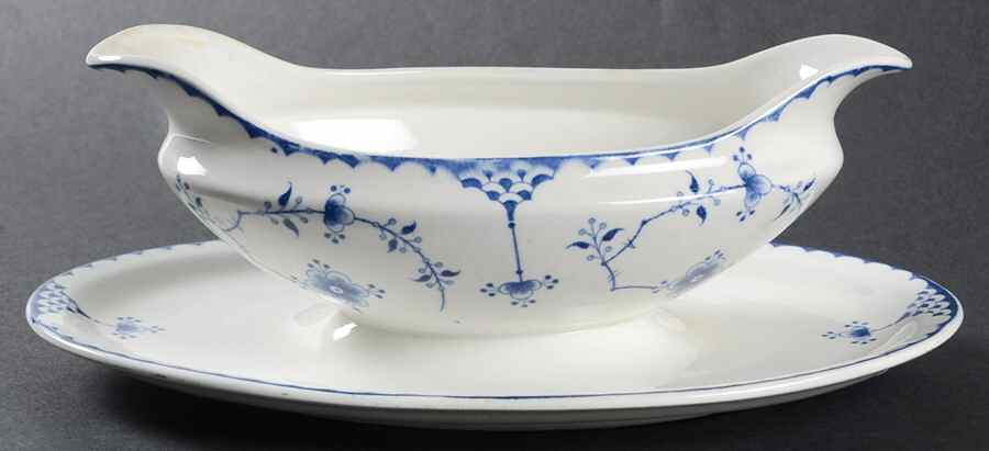 Denmark Blue Gravy Boat with Attached Underplate by Furnivals-1
