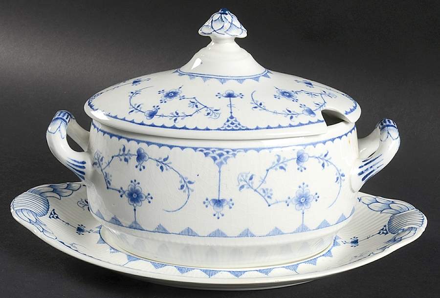Denmark Blue Oval Tureen & Lid with Underplate by Furnivals-1
