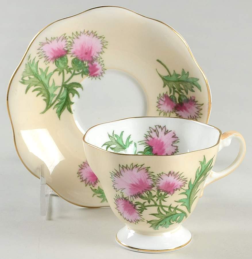 Glengarry Thistle Peach Footed Cup & Saucer Set by Foley-1