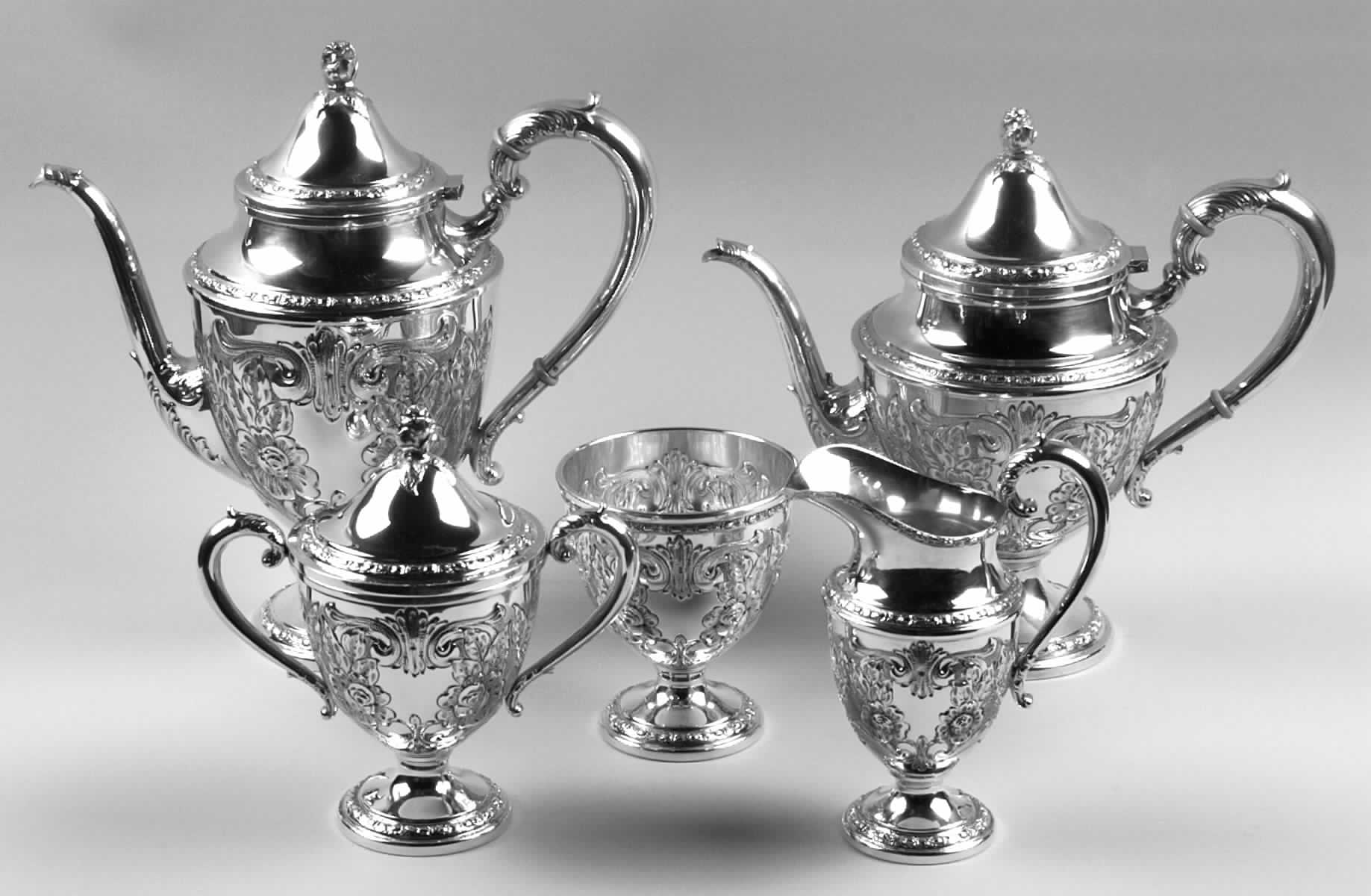 Talisman Rose (Sterling, 1948, Handchased, Hollow) 5 Piece Tea Set (SCP, STP, SCR, SSU, SWB) by Frank Whiting-1