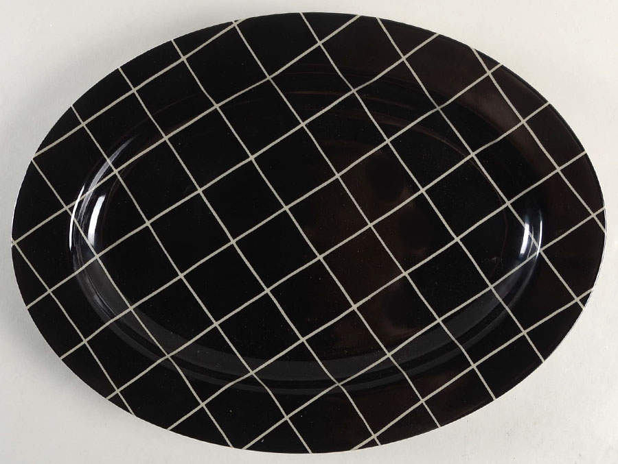 Windowpane (Taupe Stripes on Black) 14" Oval Serving Platter by Fitz & Floyd-1
