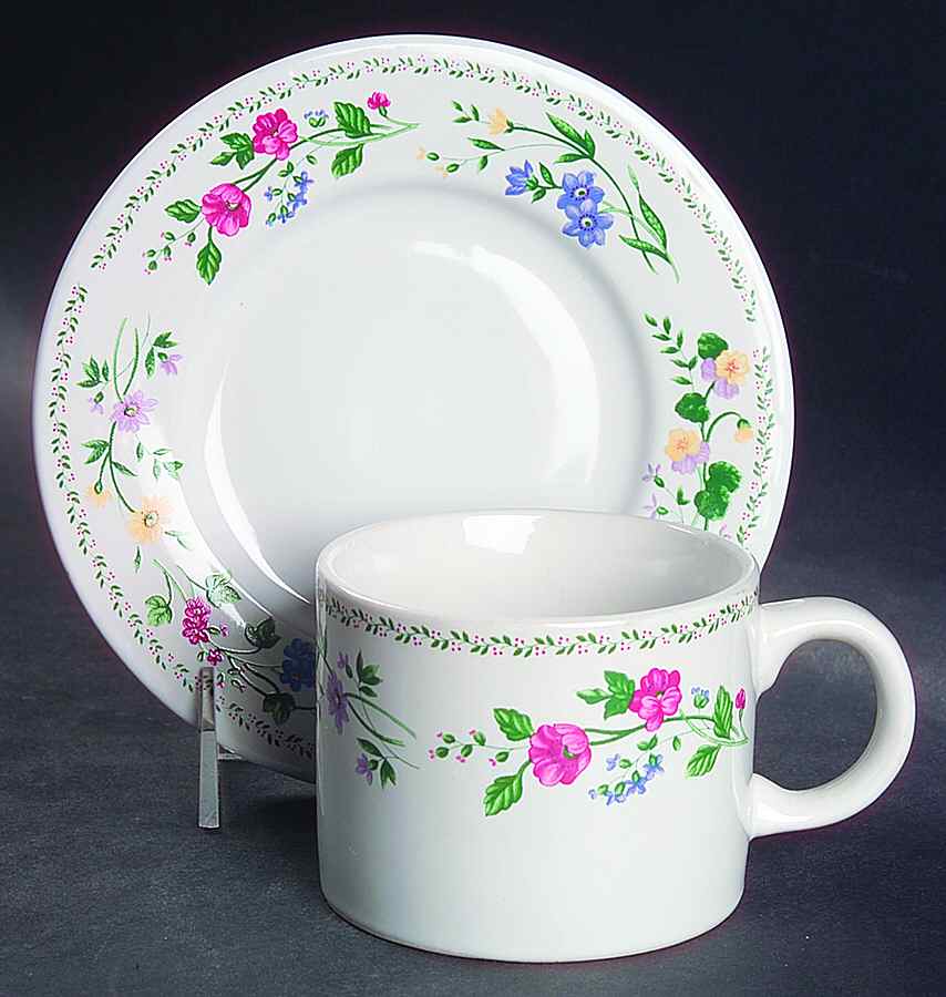 English Garden (4241, White Background) Flat Cup & Saucer Set by Farberware-1
