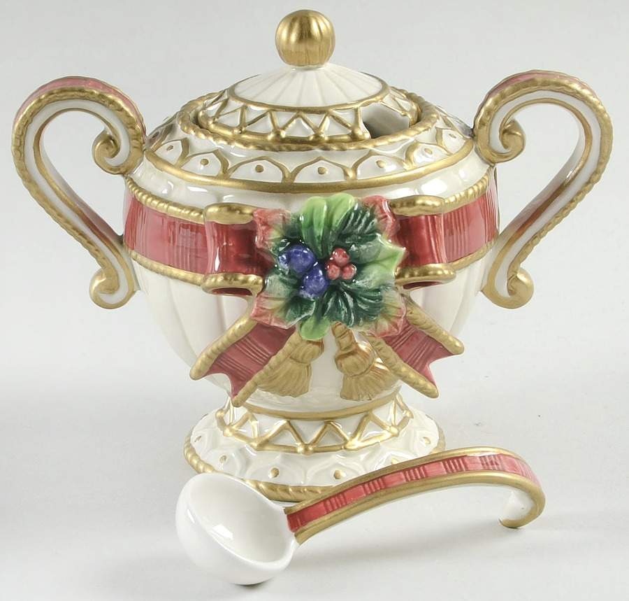 Christmas Deer Sugar Bowl & Lid W/Spoon by Fitz & Floyd-1