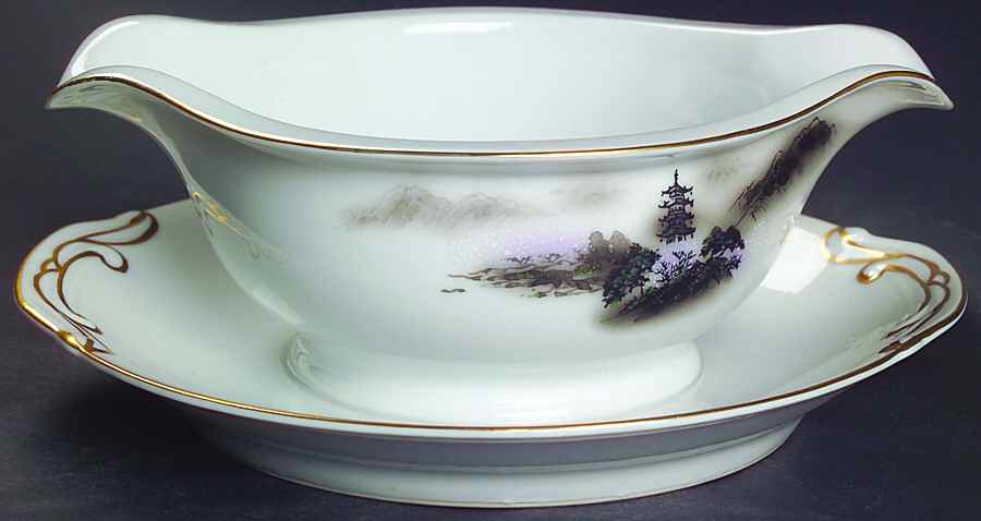 Landscape Black Multicolor (Rim) Gravy Boat with Attached Underplate by Fukagawa-1