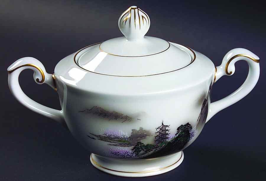 Landscape Black Multicolor (Rim) Sugar Bowl & Lid by Fukagawa-1