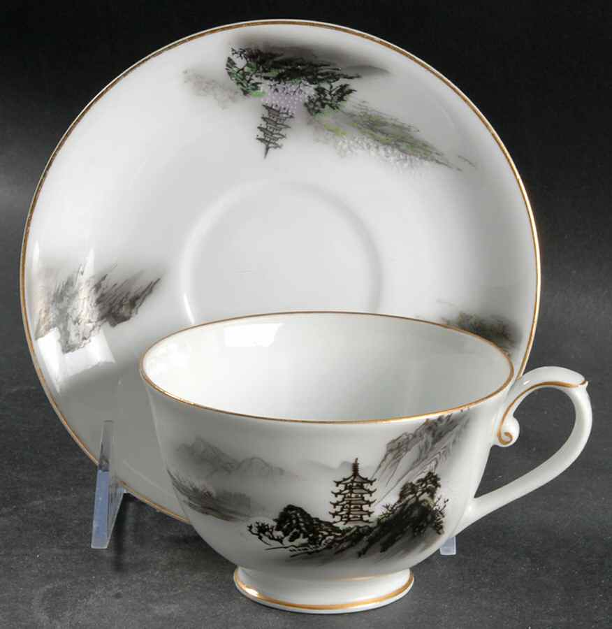 Landscape Black Multicolor (Rim) Footed Cup & Saucer Set by Fukagawa-1