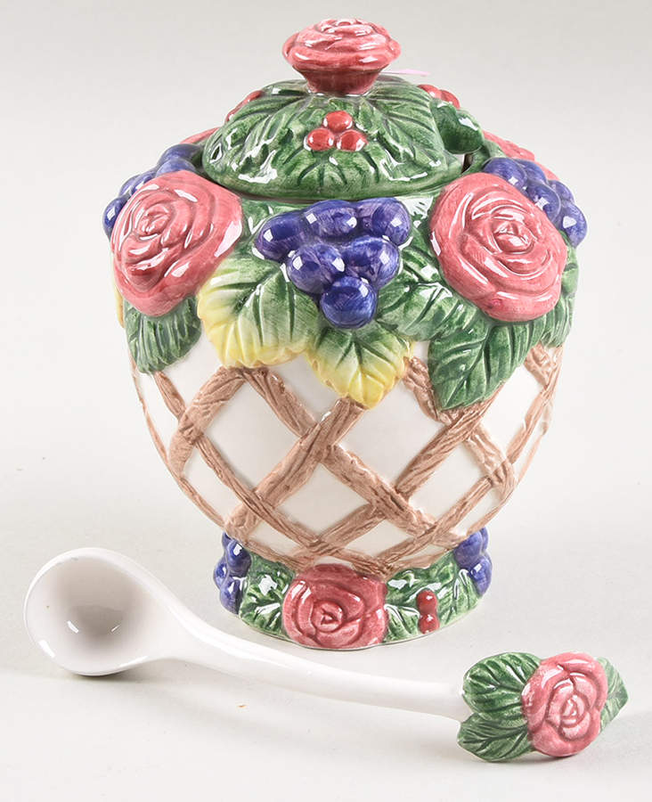 Rose Garland Sugar Bowl & Lid W/Spoon by Fitz & Floyd-1