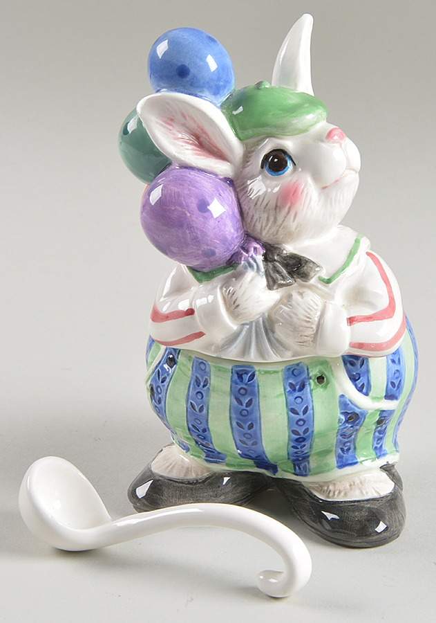 Ballooning Bunnies Sugar Bowl & Lid W/Spoon by Fitz & Floyd-1