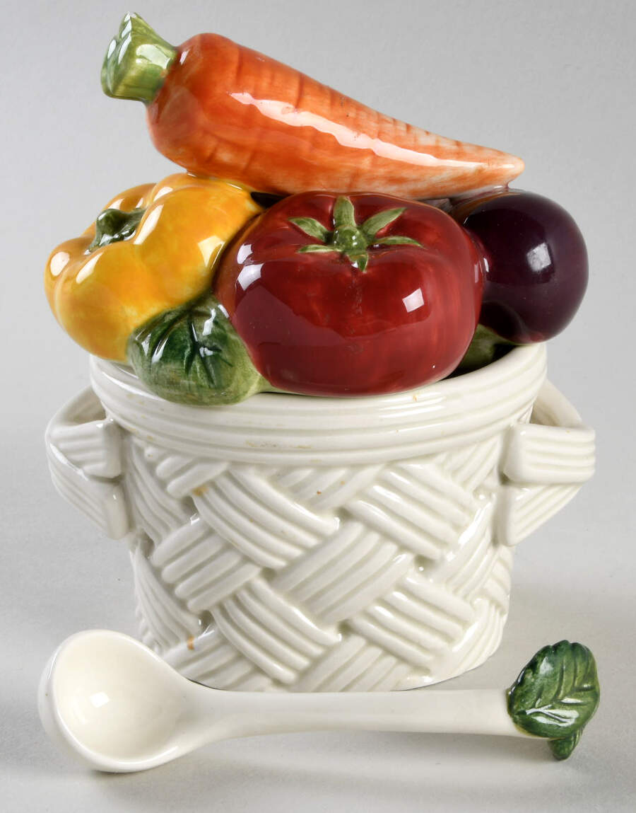 Vegetable Garden Basket Figural  Sugar Bowl & Lid w/Spoon by Fitz and Floyd-1