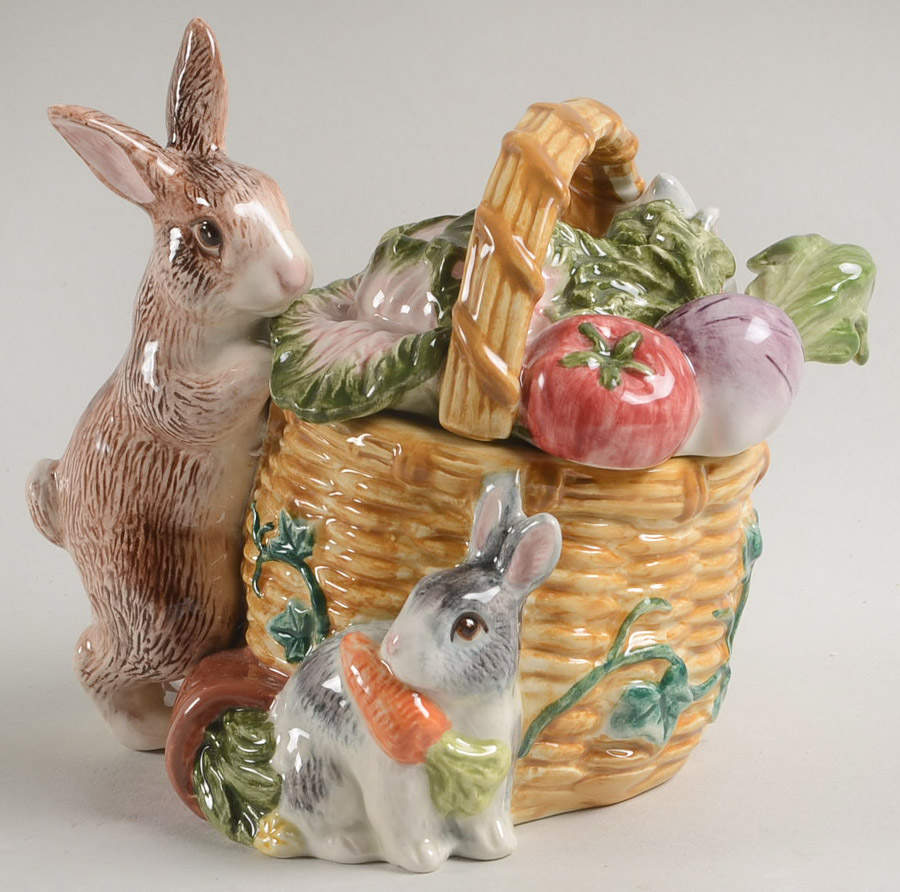 English Garden Bunnies Sugar Bowl & Lid W/Spoon by Fitz and Floyd-1