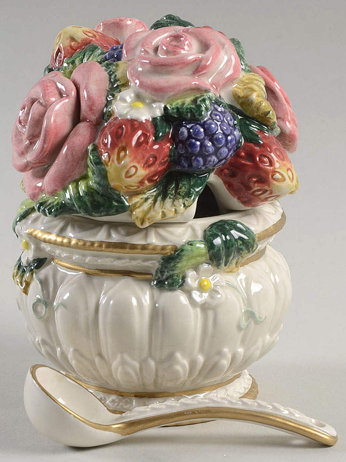 Strawberries & Roses Sugar Bowl & Lid W/Spoon by Fitz & Floyd-1