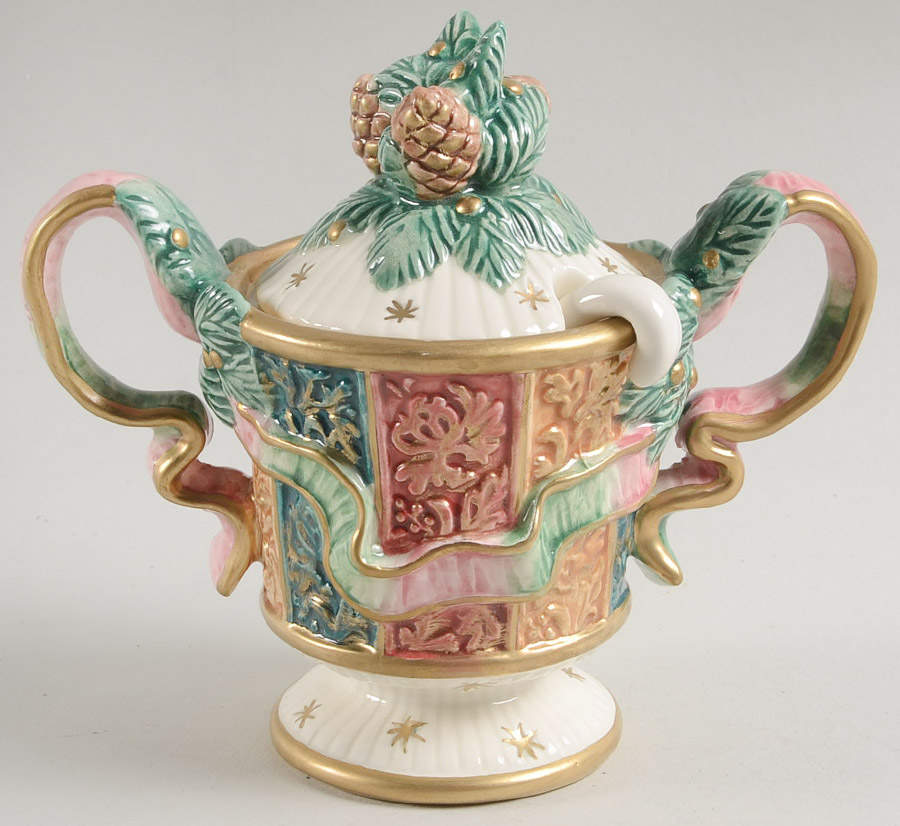 Damask Christmas Sugar Bowl & Lid W/Spoon by Fitz & Floyd-1