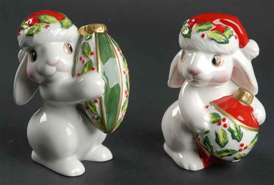 Christmas Bunny Blooms Salt & Pepper Set by Fitz & Floyd-1