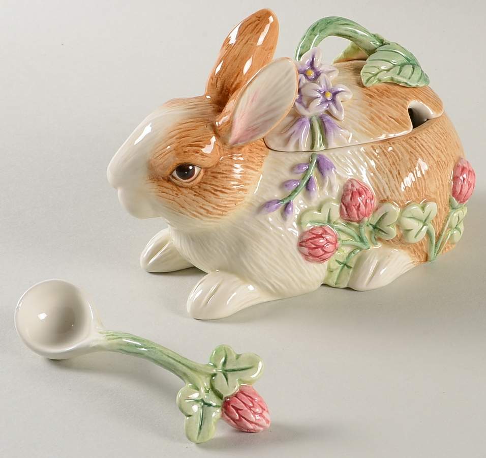 Botanical Bunny Sugar Bowl & Lid W/Spoon by Fitz & Floyd-1