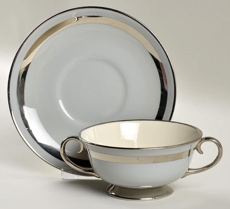 Theme (Platinum on Gray) Footed Cream Soup Bowl & Saucer Set by Flintridge-1