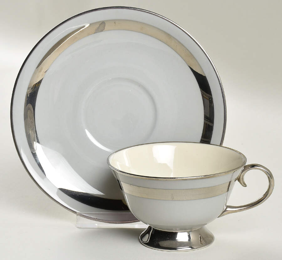 Theme (Platinum on Gray) Footed Cup & Saucer Set by Flintridge-1