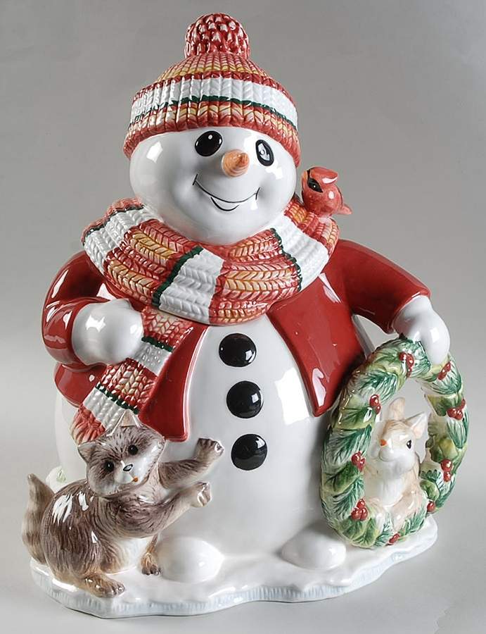 Woodland Snowman Cookie Jar & Lid by Fitz & Floyd-1