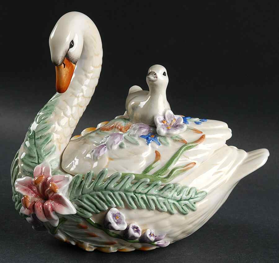Floral Swan Figural Trinket Box & Lid by Fitz and Floyd-1