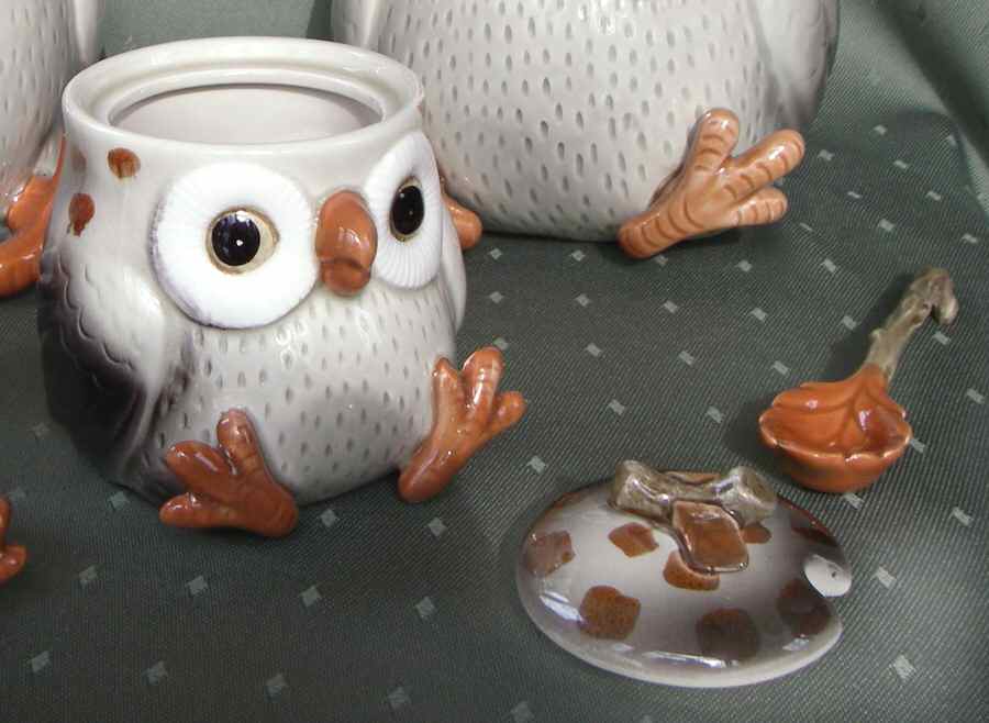 Owls Sugar Bowl & Lid W/Spoon by Fitz & Floyd-1