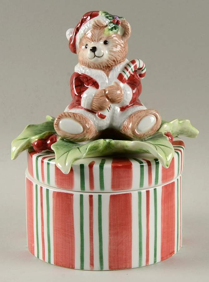 Peppermint Teddy Figural Trinket Box & Lid by Fitz & Floyd-1