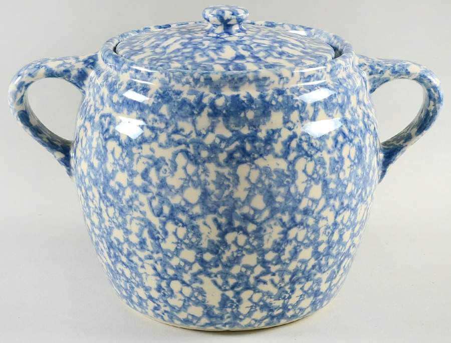 Blue Sponged Bean Pot & Lid by Friendship-1