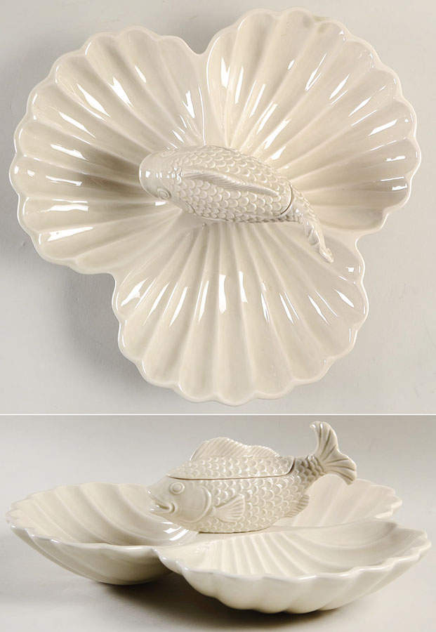 Fish (Ivory and White Backgrounds) Large 3 Section Hors d'Oeuvre w/Lidded Center by Fitz & Floyd-1