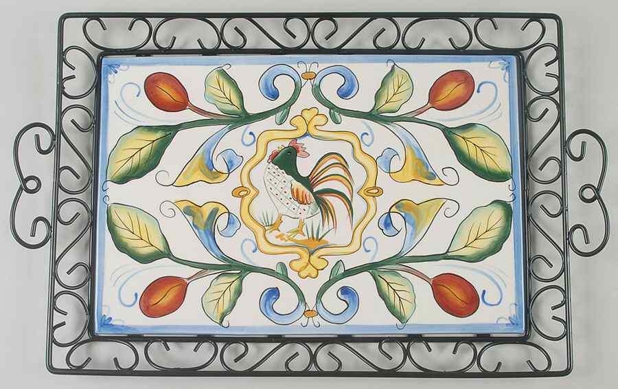 Ricamo Accessories Rectangular Serving Handled Metal Tray with Tile by Fitz & Floyd-1