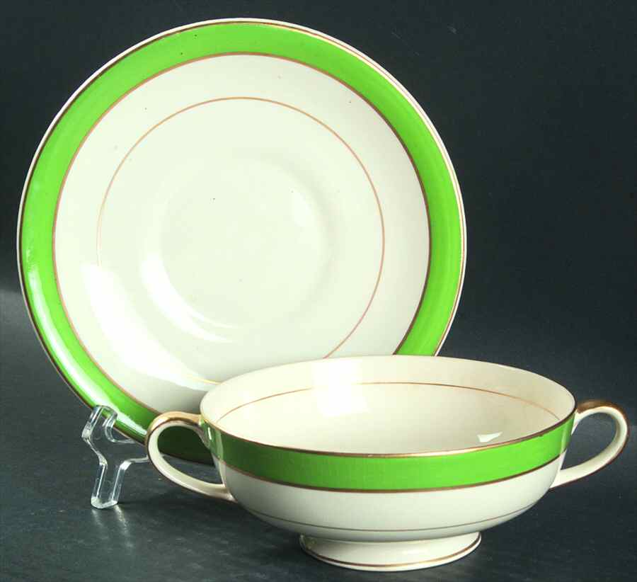 6374 (Green) Footed Cream Soup Bowl & Saucer Set by Fondeville-1