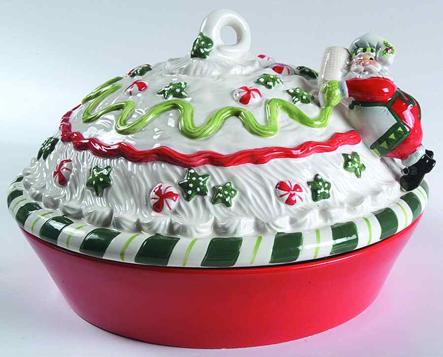 Santa's Kitchen Pie Plate Safe with Ceramic Lid by Fitz & Floyd-1