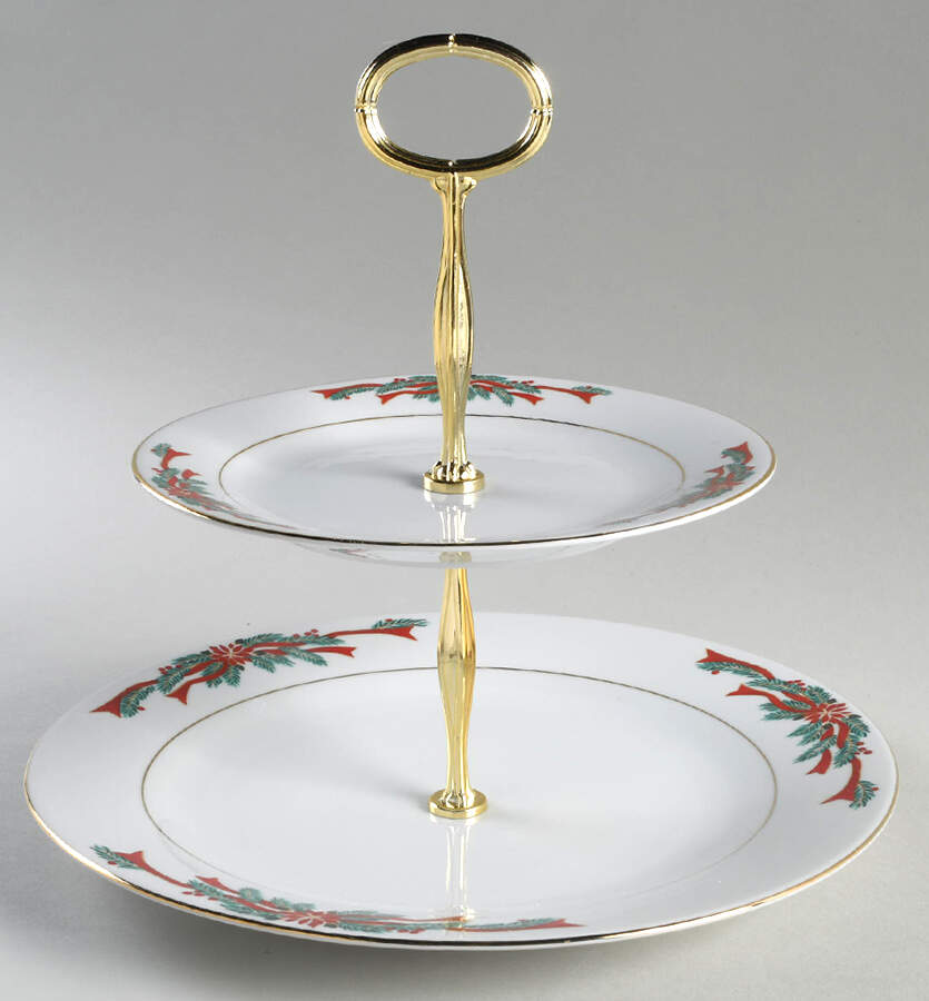 Poinsettia & Ribbons 6 5/8"-10"  2 Tiered Serving Tray (Dp, Sp) HC by Fine China of China-1