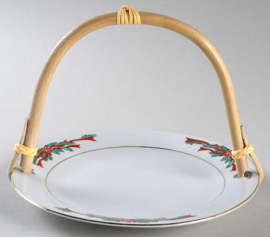 Poinsettia & Ribbons 5 3/8"-5 5/8" Bamboo Handled Serving Plate  HC by Fine China of China-1