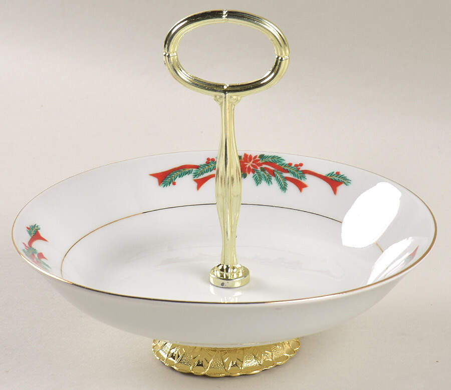 Poinsettia & Ribbons 6"-7" Handled Footed Nut Dish HC by Fine China of China-1