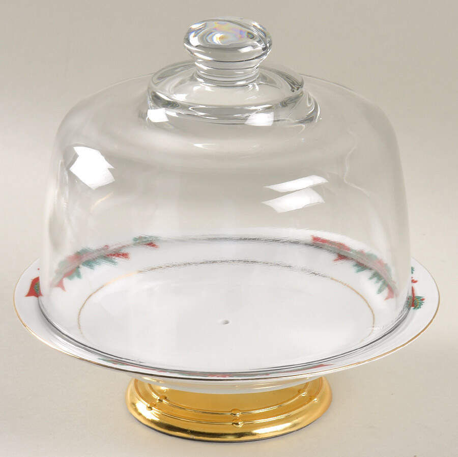 Poinsettia & Ribbons 6 1/2"-7 1/2" Footed Cheese Plate w/ Glass Dome HC by Fine China of China-1