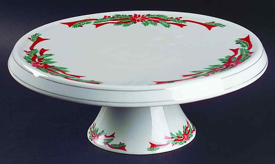 Poinsettia & Ribbons 11" Diameter Pedestal Cake Stand by Fine China of China-1