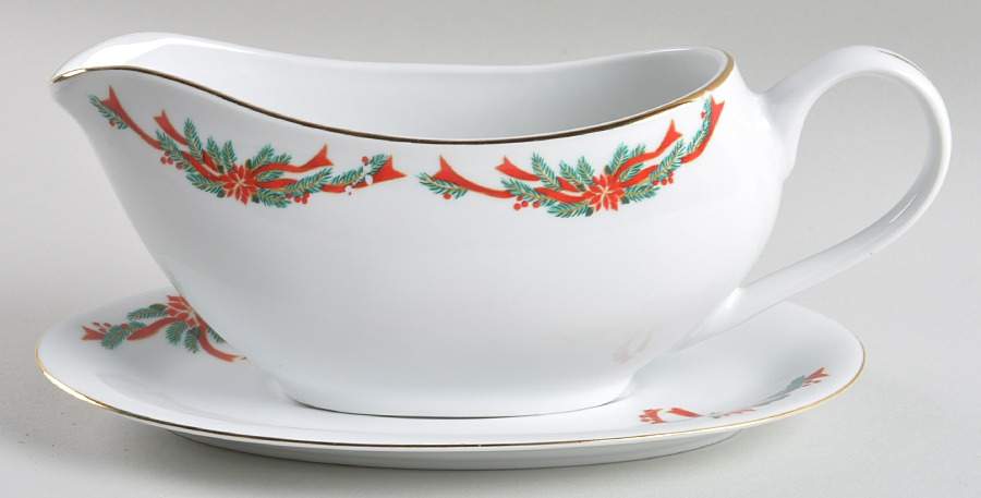 Poinsettia & Ribbons Gravy Boat & Underplate by Fine China of China-1
